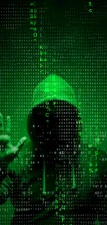 Green hacker silhouette with matrix code background.