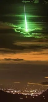 Green meteor lights up the night sky over a city skyline in a stunning display.