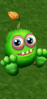 Green cartoon monster with big eyes on grass background.