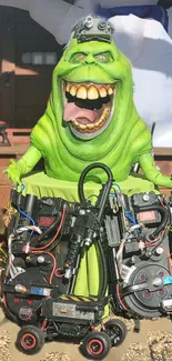 Green monster cosplay with sci-fi gear, smiling brightly.