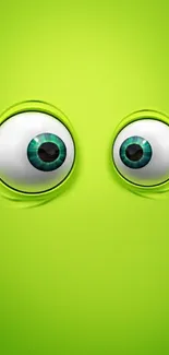 Vibrant green wallpaper with cartoon monster eyes.