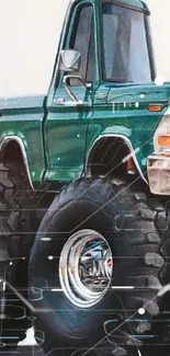 Illustration of a green monster truck with large tires on a white background.