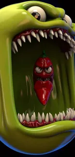 Cartoon monster with a red pepper inside its mouth on a mobile wallpaper.