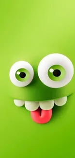 Green monster with big eyes and tongue sticking out.