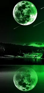 Green moon reflecting over a tranquil lake at night.