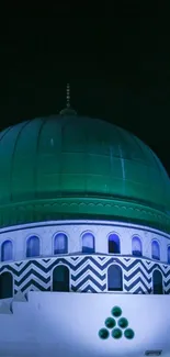 Green mosque dome at night with starry sky, perfect for elegant wallpapers.