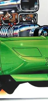 Vibrant artwork of a green muscle car with chrome details, flying in style.