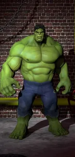 Green muscle superhero in an industrial setting with brick wall background.