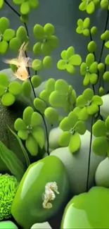 Serene green nature wallpaper with leaves and fish.