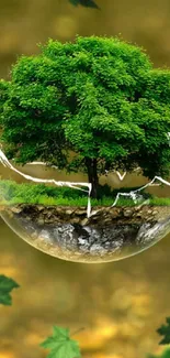 Lush green tree in a glass globe with nature background.