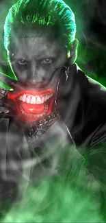 Joker with neon green glow and sinister smile on wallpaper.