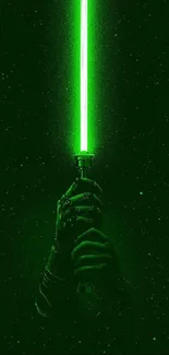 Glowing green neon lightsaber on dark background.