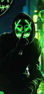 Mysterious figure in neon green mask on dark background.