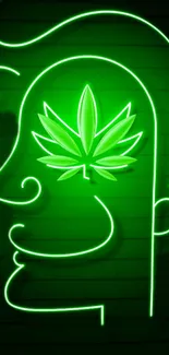 Green neon head silhouette with cannabis leaf detail.