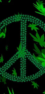 Green peace sign made of cannabis leaves on black background.