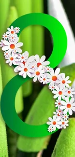 Green number eight with daisies on vibrant background.