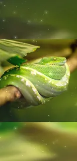 Green python coiled on a branch in a jungle setting.