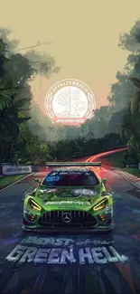 Green racing car on jungle track background.