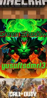 Vibrant Green Shadow wallpaper with fiery designs for mobile devices.