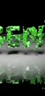 Green shattered text on dark background with reflective effect.