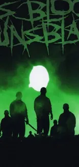 Silhouetted figures against a green backdrop, creating an atmospheric band-themed wallpaper.