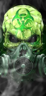 Edgy art of a green skull with a gas mask on a dark background.