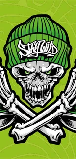 Green skull graffiti art with crossed spray cans on a lime background.