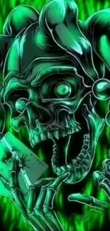 Green skull joker with cards on fire background.