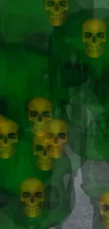 Vibrant green skull wallpaper with eerie glowing skulls and a haunting gothic theme.