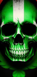 Green skull design with red background for bold wallpaper.