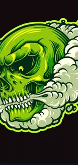 Lime green skull with smoke on a black background, artistic wallpaper.