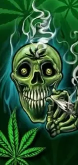 Green skull smoking with leaves design on a vibrant wallpaper.