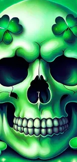 Vibrant green skull with clovers wallpaper art.