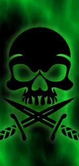 Green smokey background with black skull and crossed swords design.