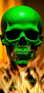 Bright green skull with glowing flames mobile wallpaper.