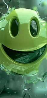 3D green smiley face breaking through shattered glass background.