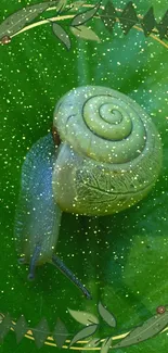 Green snail amidst sparkling leaves on a vibrant nature wallpaper.