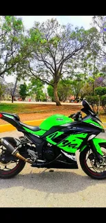 Green sports bike parked outdoors on a sunny day.