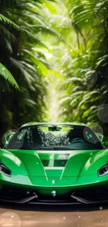 A vibrant green sports car surrounded by lush jungle scenery.