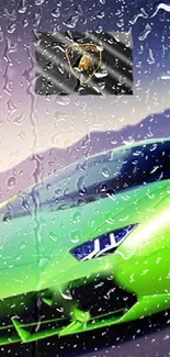 Green sports car wallpaper with raindrops.