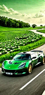 Green sports car driving on a scenic road with lush green surroundings and blue sky.