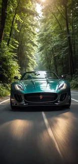 Green sports car driving through a lush forest.