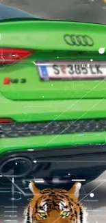 Green sports car with tiger design on wallpaper.