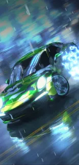 Green sports car drifting on a wet urban road at night.