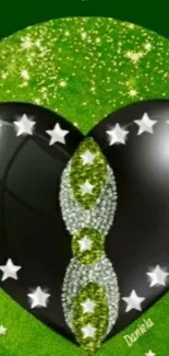 Green heart wallpaper with stars and glitter effect.