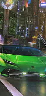 Green supercar speeding through a vibrant city nightscape.