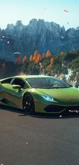 Green supercar driving on a scenic mountain road with autumn colors.