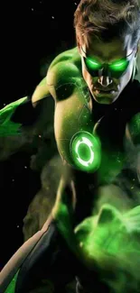 Superhero with glowing green aura and power.