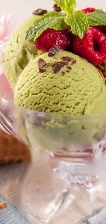 Green tea ice cream with raspberries and mint.