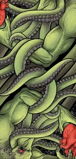 Green tentacles intertwined with hearts on a dark background.